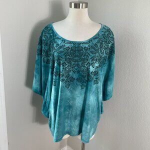 Dressbarn Woman Plus 3X Green Batwing Sleeve Top Beaded Floral‎ Design Shirt